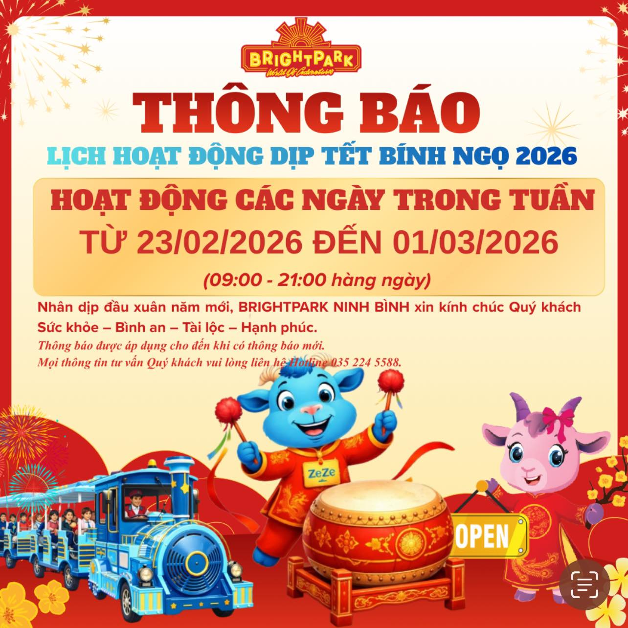 Thông báo lịch hoạt động tuần tới dịp Tết Bính Ngọ 2026 tại BRIGHTPARK Ninh Bình